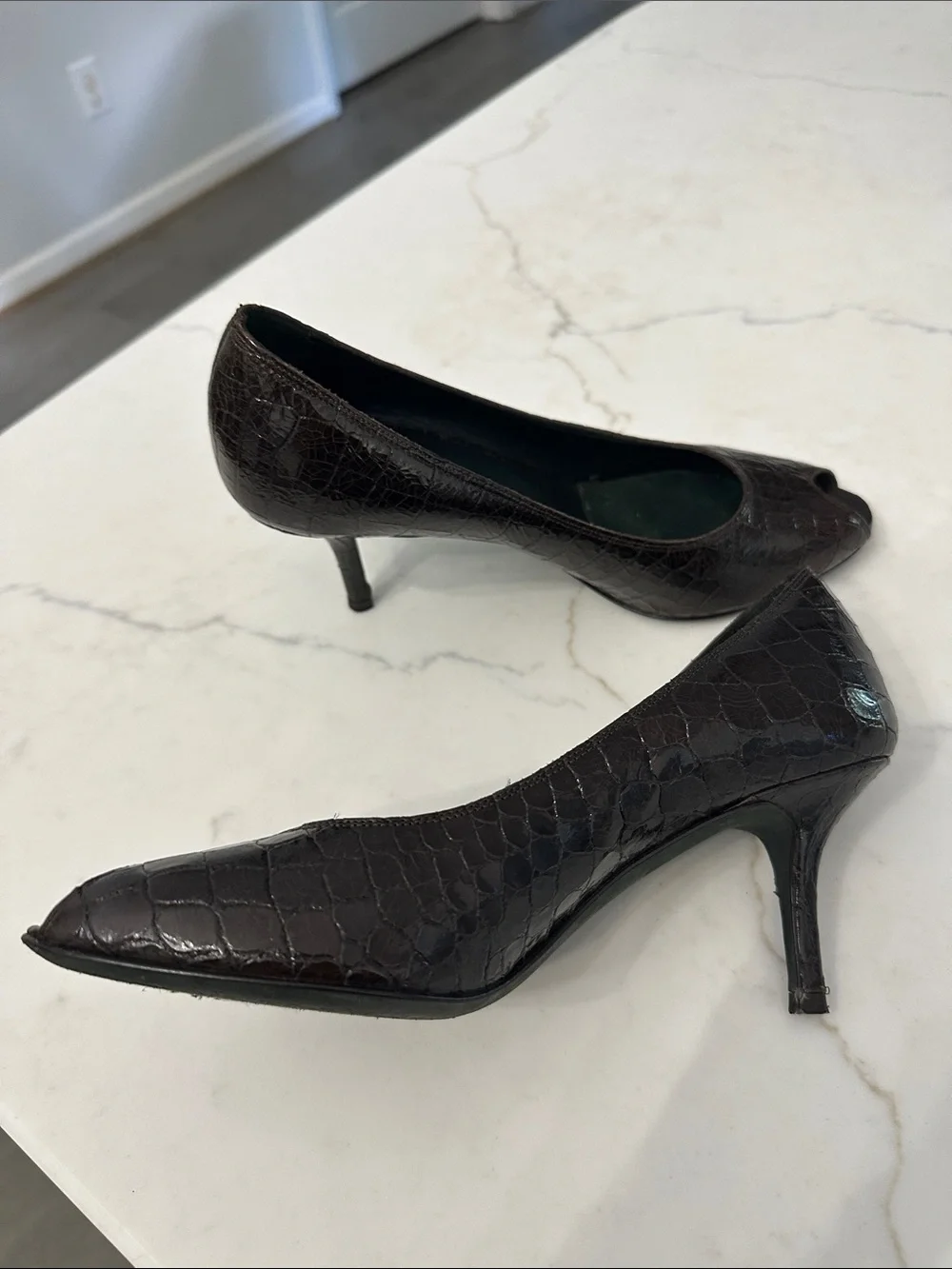 Donald J Pliner Coutoure Dark Brown Croc-Embossed Peep-Toe Pumps